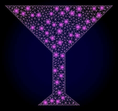 Glowing mesh network martini cup with glowing spots. Illuminated vector constellation created from martini cup icon. Dark blue gradiented background. Sparkle frame mesh polygonal martini cup.のイラスト素材