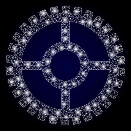 Shiny mesh polygonal clock cog with lightspots. Illuminated vector constellation created from clock cog icon. Dark blue gradiented background. Sparkle carcass mesh polygonal clock cog.のイラスト素材