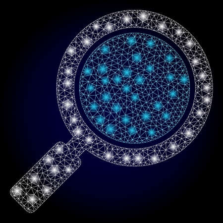Shiny mesh polygonal search loupe with light spots. Illuminated vector constellation created from search loupe icon. Dark blue gradient background. Sparkle carcass mesh polygonal search loupe.のイラスト素材