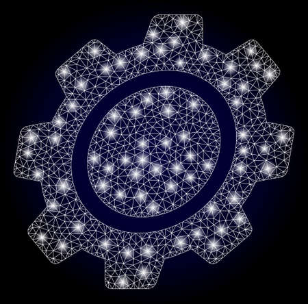 Shiny mesh net gear with lightspots. Illuminated vector constellation created from gear icon. Dark blue gradient background. Sparkle carcass mesh polygonal gear.のイラスト素材