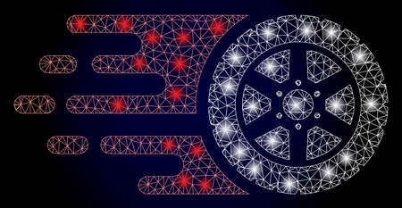 Glowing mesh polygonal tire wheel with glowing spots. Illuminated vector model created from tire...