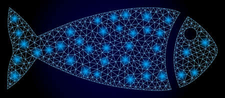Glowing mesh polygonal fish with glowing spots. Illuminated vector model created from fish icon....