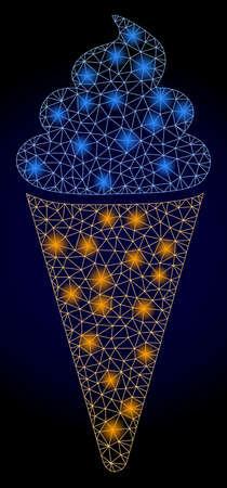 Glowing mesh polygonal ice cream with glowing spots. Illuminated vector model created from ice cream icon. Dark blue gradiented background. Sparkle frame mesh polygonal ice cream.のイラスト素材