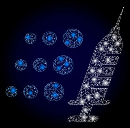 Shiny mesh polygonal fast vaccine with light spots. Illuminated vector model created from fast vaccine icon. Dark blue gradiented background. Sparkle carcass mesh polygonal fast vaccine.のイラスト素材