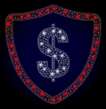 Glare mesh network dollar protection with glowing spots. Illuminated vector constellation created from dollar protection icon. Dark blue gradient background.のイラスト素材