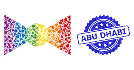 Spectrum colored vector bow tie collage for LGBT, and Abu Dhabi unclean rosette stamp seal. Blue stamp seal contains Abu Dhabi title inside rosette.のイラスト素材