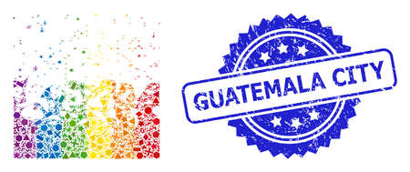 Rainbow vibrant vector boiling liquid collage for LGBT, and Guatemala City corroded rosette stamp seal. Blue stamp seal includes Guatemala City caption inside rosette.のイラスト素材