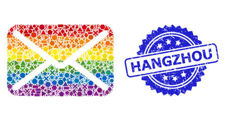 Rainbow vibrant vector letter mosaic for LGBT, and Hangzhou grunge rosette seal print. Blue seal has Hangzhou tag inside rosette.のイラスト素材