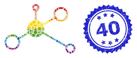 Spectrum colorful vector masternode collage for LGBT, and 40 dirty rosette seal print. Blue stamp seal contains 40 tag inside rosette.のイラスト素材