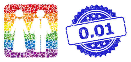 Rainbow colorful vector newlyweds mosaic for LGBT, and 0.01 scratched rosette stamp. Blue stamp seal contains 0.01 text inside rosette.のイラスト素材
