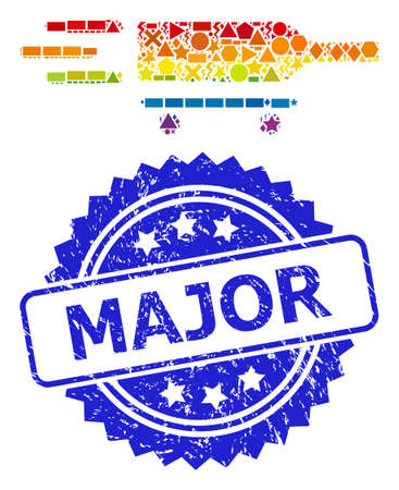 Spectrum colored vector rolling wine delivery collage for LGBT, and Major dirty rosette stamp. Blue stamp seal has Major text inside rosette.のイラスト素材