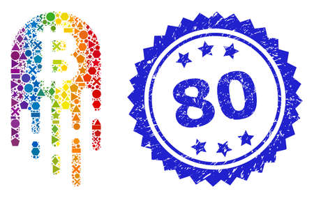 Bright colorful vector melting bitcoin mosaic for LGBT, and 80 dirty rosette stamp seal. Blue stamp seal has 80 text inside rosette.のイラスト素材
