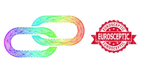 Spectrum colored network chain, and Eurosceptic corroded ribbon stamp seal. Red stamp seal contains Eurosceptic tag inside ribbon.Geometric hatched frame flat network based on chain icon,のイラスト素材