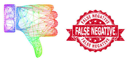 Rainbow colored wire frame thumb down, and False Negative rubber ribbon stamp. Red stamp seal has...