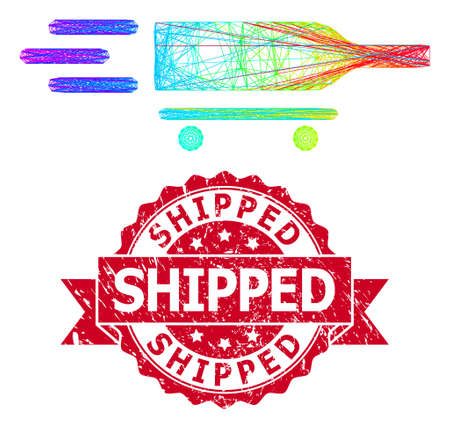 Rainbow colored wire frame rolling wine delivery, and Shipped dirty ribbon stamp. Red stamp contains Shipped tag inside ribbon.Geometric wire frame flat network based on rolling wine delivery icon,のイラスト素材