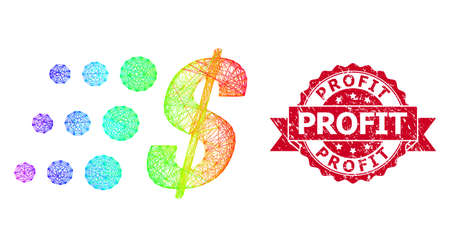 Bright colored network fast dollar, and Profit unclean ribbon seal imitation. Red seal contains Profit tag inside ribbon.Geometric linear carcass flat network based on fast dollar icon,のイラスト素材