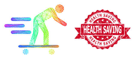 Spectrum colored wire frame scate roller man, and Health Saving rubber ribbon stamp. Red stamp...