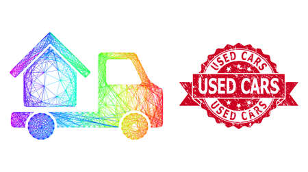 Rainbow vibrant network house trailer, and Used Cars rubber ribbon stamp seal. Red seal contains Used Cars text inside ribbon.Geometric wire carcass 2D network based on house trailer icon,のイラスト素材