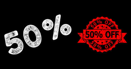 Bright mesh web 50 percents with lightspots, and 50% Off grunge ribbon stamp seal. Red stamp seal contains 50% Off title inside ribbon.のイラスト素材