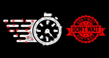 Glowing mesh web timer with glowing spots, and DonT Wait dirty ribbon seal. Red stamp contains DonT Wait caption inside ribbon. Illuminated vector model created from timer icon with white mesh.のイラスト素材