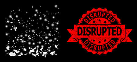 Glowing mesh polygonal powder participles with light spots, and Disrupted unclean ribbon stamp seal. Red stamp seal has Disrupted text inside ribbon.のイラスト素材