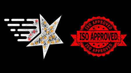 Shiny mesh polygonal star with glowing spots, and ISO Approved grunge ribbon seal. Red seal includes ISO Approved title inside ribbon. Illuminated vector model created from star icon with white mesh.のイラスト素材