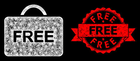 Bright mesh web free case with lightspots, and Free textured ribbon stamp seal. Red seal includes Free tag inside ribbon. Illuminated vector model created from free case icon with white mesh.のイラスト素材