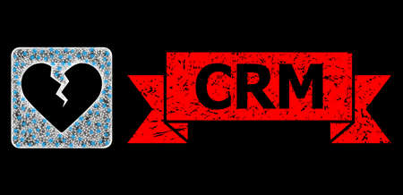 Glowing mesh polygonal divorce heart with glowing spots, and Crm rubber ribbon seal imitation. Red stamp seal has Crm text inside ribbon.のイラスト素材