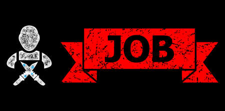 Glowing mesh web butchery worker with glowing spots, and Job dirty ribbon stamp seal. Red stamp seal has Job title inside ribbon.のイラスト素材