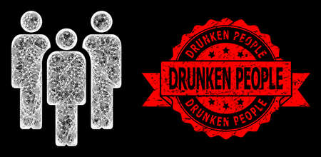 Glowing mesh polygonal people with glowing spots, and Drunken People corroded ribbon seal imitation. Red stamp seal includes Drunken People caption inside ribbon.のイラスト素材