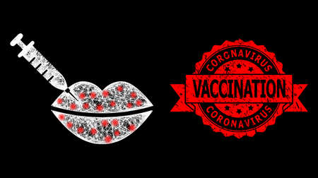 Glare mesh net botox lips injection with glowing spots, and Coronavirus Vaccination dirty ribbon stamp seal. Red stamp seal includes Coronavirus Vaccination tag inside ribbon.のイラスト素材