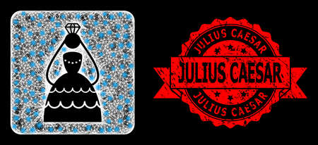 Bright mesh net crowned bride with lightspots, and Julius Caesar grunge ribbon stamp seal. Red stamp has Julius Caesar text inside ribbon.のイラスト素材