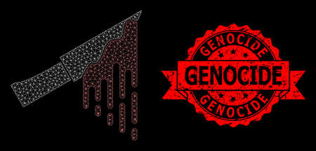 Mesh polygonal bloody knife on a black background, and Genocide grunge ribbon seal imitation. Red stamp seal has Genocide text inside ribbon. Vector model created from bloody knife icon with mesh.のイラスト素材