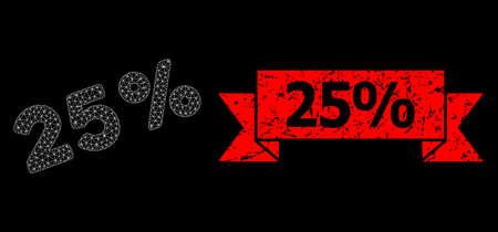Mesh polygonal 25 percents on a black background, and 25% rubber ribbon stamp seal. Red seal has 25% tag inside ribbon. Vector model created from 25 percents icon with mesh.のイラスト素材