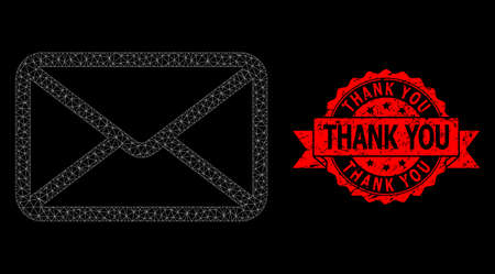 Mesh net letter on a black background, and Thank You corroded ribbon seal. Red stamp seal contains Thank You caption inside ribbon. Vector model created from letter icon with triangular net.のイラスト素材