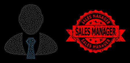 Mesh net manager on a black background, and Sales Manager rubber ribbon stamp. Red stamp has Sales Manager text inside ribbon. Vector constellation created from manager icon with mesh.のイラスト素材