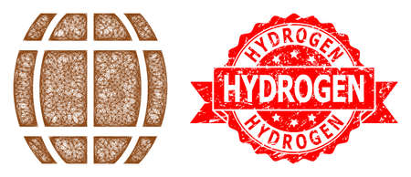 Wire frame barrel icon, and Hydrogen scratched ribbon seal. Red stamp seal includes Hydrogen caption inside ribbon.Geometric wire frame flat net based on barrel icon, generated from intersected lines.のイラスト素材