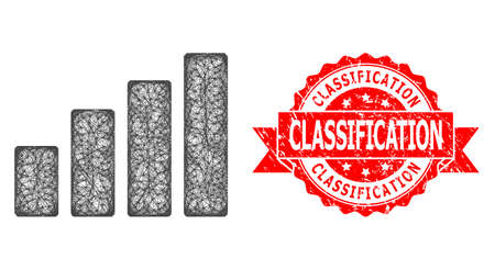 Wire frame bar chart icon, and Classification corroded ribbon seal imitation. Red seal has Classification caption inside ribbon.Geometric wire frame 2D network based on bar chart icon,のイラスト素材