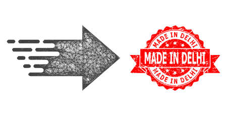 Network right arrow icon, and Made in Delhi scratched ribbon stamp seal. Red stamp seal has Made in Delhi text inside ribbon.Geometric linear frame flat network based on right arrow icon,のイラスト素材