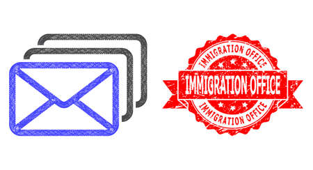 Wire frame mail queue icon, and Immigration Office corroded ribbon seal print. Red stamp seal has Immigration Office text inside ribbon.Geometric wire frame flat net based on mail queue icon,のイラスト素材