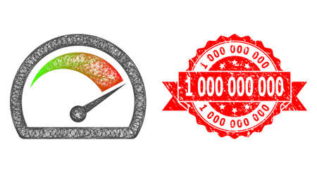 Net speed gauge icon, and 1 000 000 000 dirty ribbon stamp. Red stamp seal has 1 000 000 000 tag inside ribbon.Geometric hatched frame 2D net based on speed gauge icon, generated with crossing lines.のイラスト素材