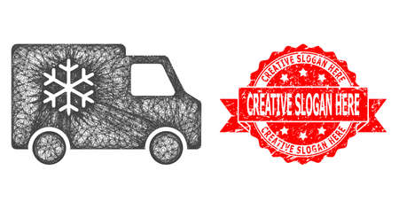 Net refrigerator car icon, and Creative Slogan Here rubber ribbon stamp seal. Red seal includes Creative Slogan Here title inside ribbon.Geometric wire frame 2D net based on refrigerator car icon,のイラスト素材
