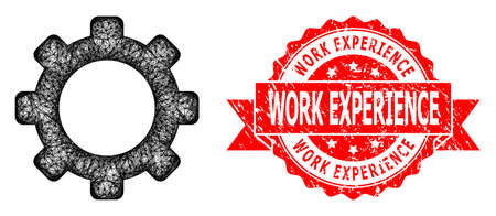 Network gear icon, and Work Experience dirty ribbon stamp seal. Red stamp seal contains Work Experience title inside ribbon.Geometric linear frame 2D network based on gear icon,のイラスト素材