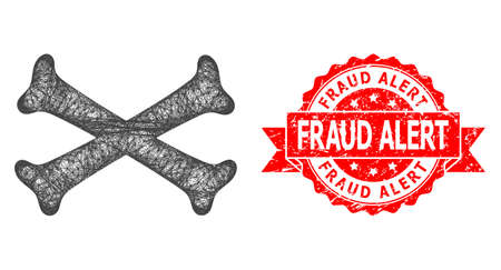 Wire frame crossing bones icon, and Fraud Alert textured ribbon seal print. Red seal includes Fraud Alert title inside ribbon.Geometric wire carcass flat net based on crossing bones icon,のイラスト素材