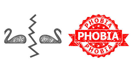 Wire frame divorce swans icon, and Phobia corroded ribbon stamp seal. Red stamp seal includes Phobia title inside ribbon.Geometric linear frame 2D network based on divorce swans icon,のイラスト素材