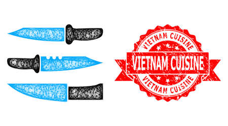 Wire frame knives icon, and Vietnam Cuisine unclean ribbon seal print. Red stamp seal has Vietnam Cuisine tag inside ribbon.Geometric wire carcass flat net based on knives icon,のイラスト素材