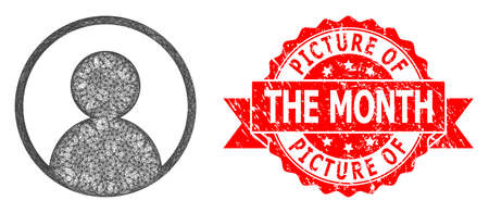 Wire frame user portrait icon, and Picture Of The Month rubber ribbon seal imitation. Red stamp seal has Picture of the Month text inside ribbon.のイラスト素材