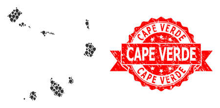 Marker mosaic map of Cape Verde Islands and grunge ribbon stamp. Red stamp seal includes Cape Verde text inside ribbon. Abstract map of Cape Verde Islands is created of scattered marker icons.のイラスト素材