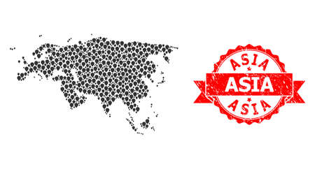 Pin collage map of Europe and Asia and grunge ribbon seal. Red stamp seal includes Asia text inside ribbon. Abstract map of Europe and Asia is created from random pin items. Tourism scheme.のイラスト素材