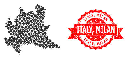 Pointer mosaic map of Lombardy region and scratched ribbon seal. Red seal includes Italy, Milan caption inside ribbon. Abstract map of Lombardy region is designed of random navigation items.のイラスト素材